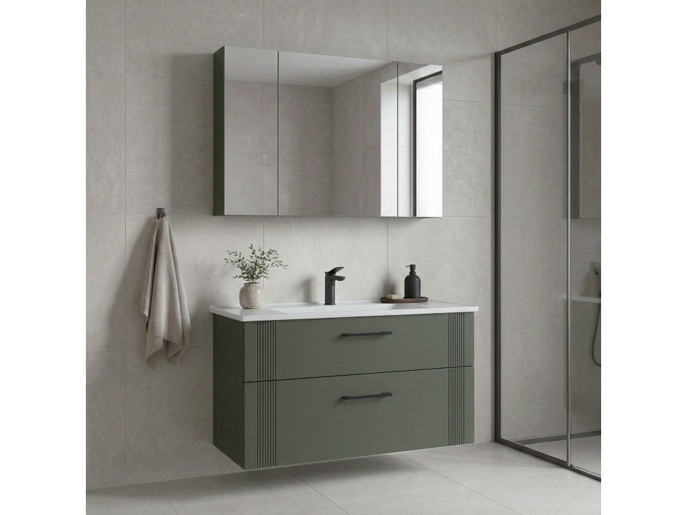 Zestaw szafki pod umywalkę z lustrem (2 elementy) „Bari 100 v2” – 100 x 45 x 55 cm – matowa zieleń