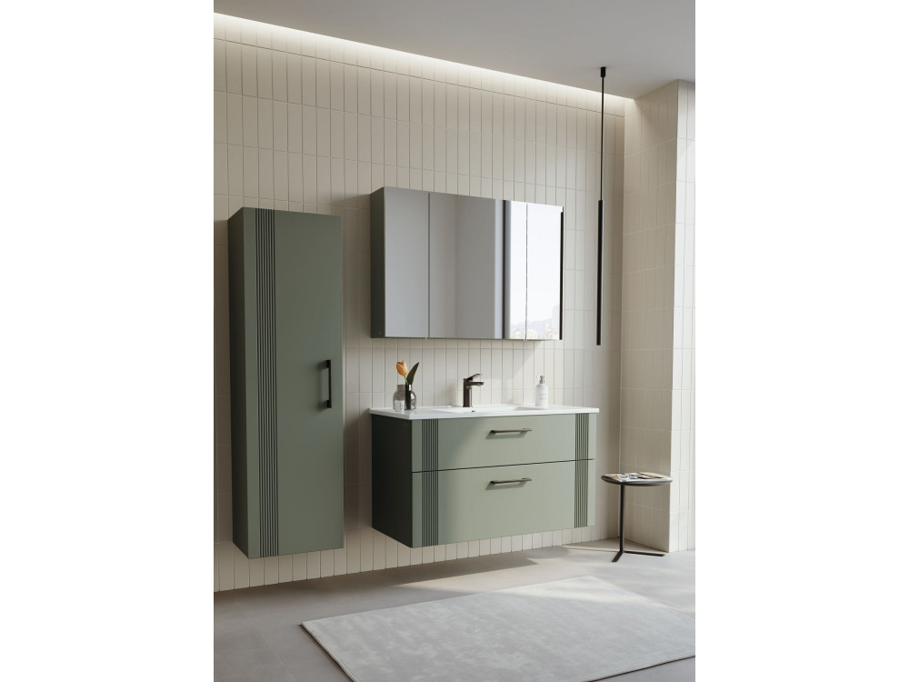 Zestaw szafki pod umywalkę z lustrem (2 elementy) „Bari 100 v2” – 100 x 45 x 55 cm – matowa zieleń