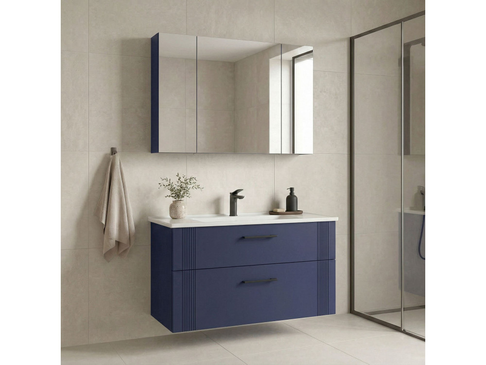 Zestaw szafki pod umywalkę z lustrem (2 elementy) „Bari 100 v2” – 100 x 45 x 55 cm – matowy granatowy
