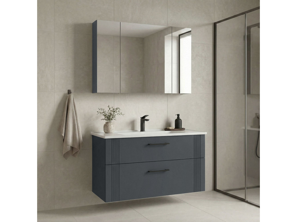 Zestaw szafki pod umywalkę z lustrem (2 elementy) „Bari 100 v2” – 100 x 45 x 55 cm – matowy antracyt