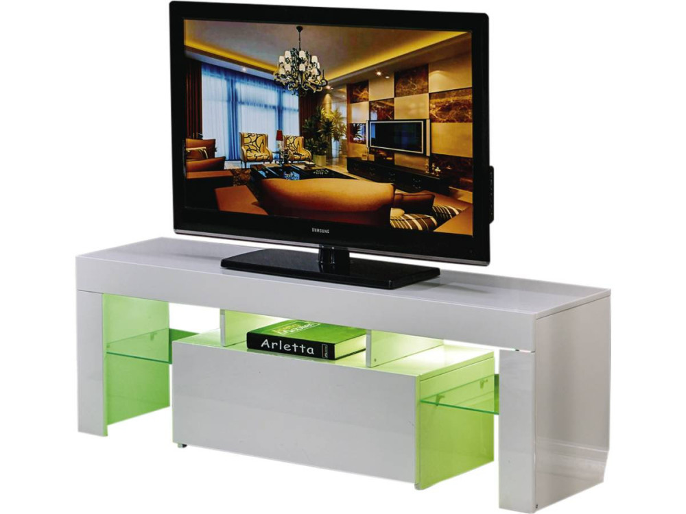 Mebel pod telewizor "Borda" z podświetleniem LED - 130 x 34 x 45 cm - Biała lakierowana