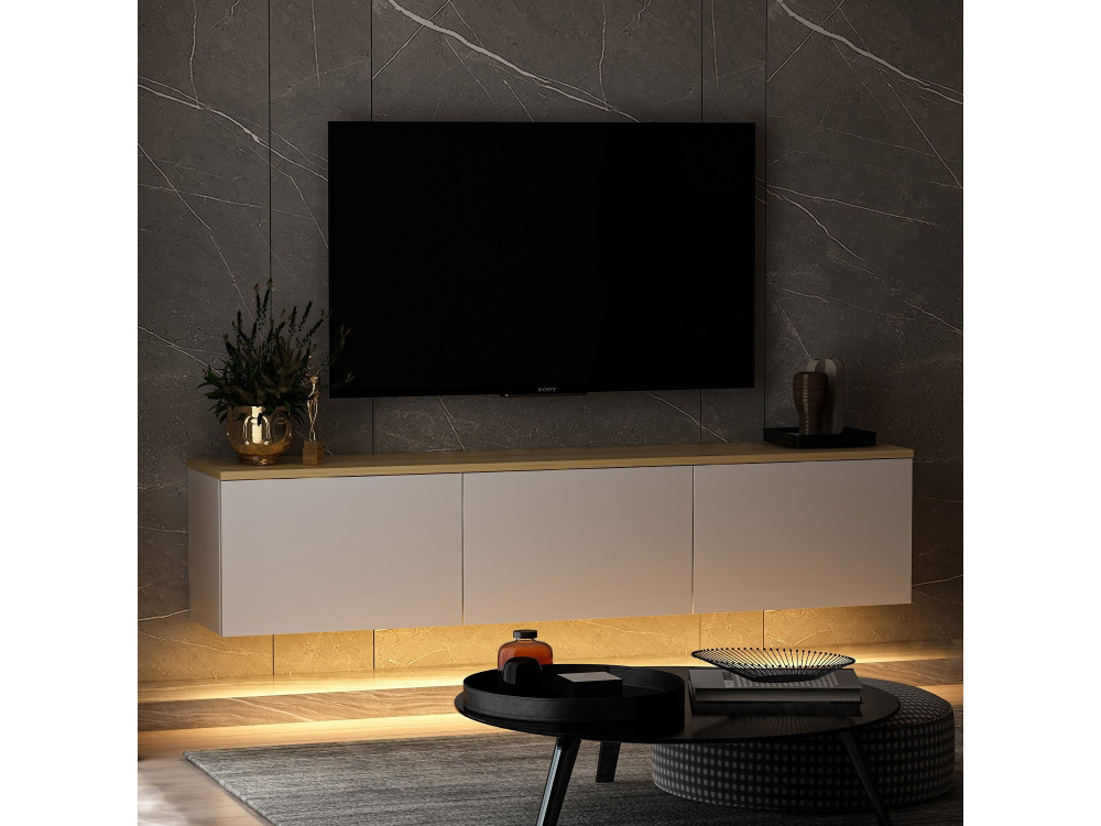 Podwieszany drewniany telewizor "Neon" z oświetleniem LED - 160 x 32 x 35 cm - Biały