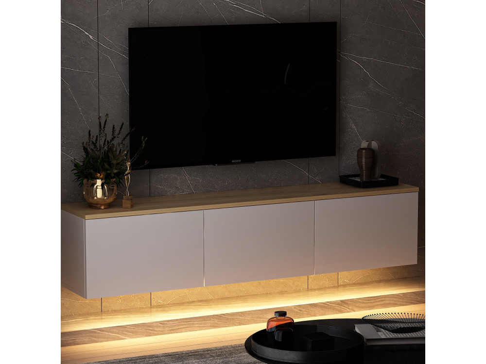 Podwieszany drewniany telewizor "Neon" z oświetleniem LED - 160 x 32 x 35 cm - Biały