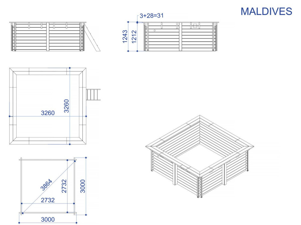 Basen drewniany prostokątny "Malediwy" - 3,20 x 3,20 x 1,24 m