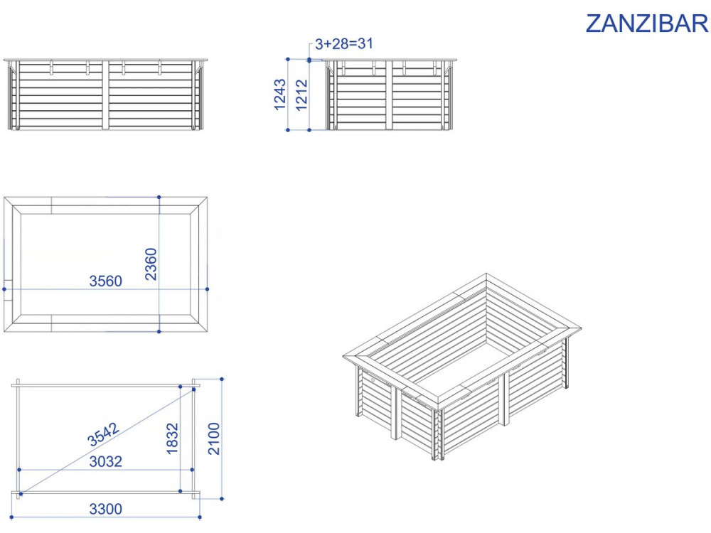 Prostokątny drewniany basen "Zanzibar" - 3,50 x 2,30 x 1,24 m