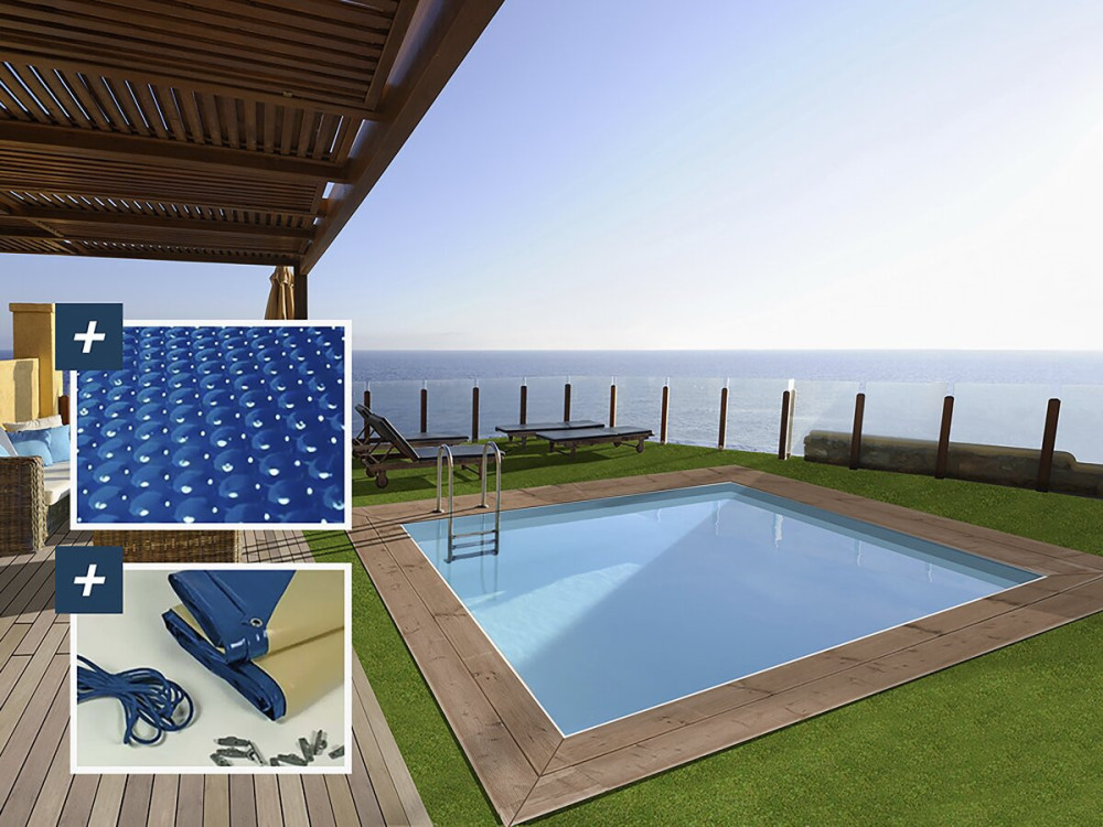 Prostokątny basen drewniany "Zanzibar" - 3,50 x 2,30 x 1,24 m - Pokrowiec bąbelkowy 180 µ - Pokrowiec zimowy 280 g/m²