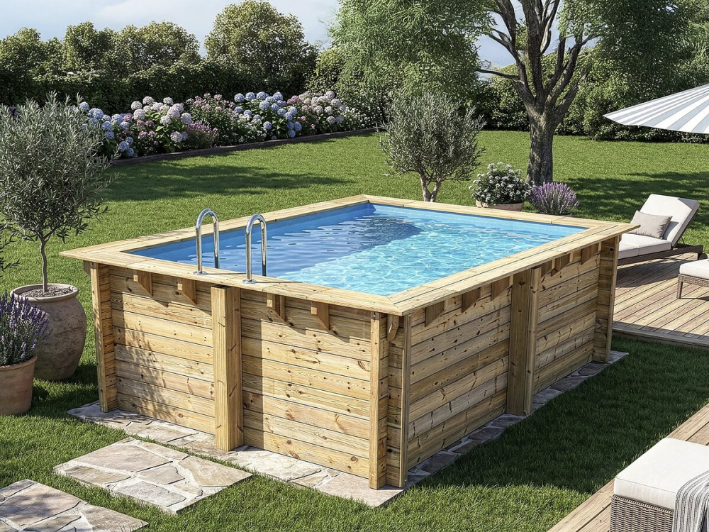 Prostokątny basen drewniany "Zanzibar" - 3,50 x 2,30 x 1,24 m - Pokrowiec bąbelkowy 180 µ - Pokrowiec zimowy 280 g/m²