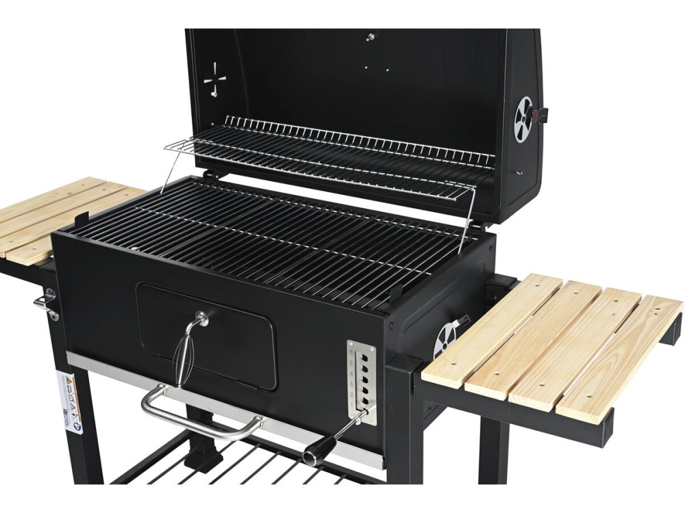 Grill węglowy "Marquis" z półkami bocznymi i regulowanymi rusztami - Czarny