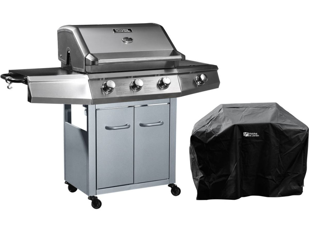 Grill gazowy "Bingo 4" - 4 palniki w tym 1 palnik boczny - 14 kW + Pokrowiec ochronny - Srebrny