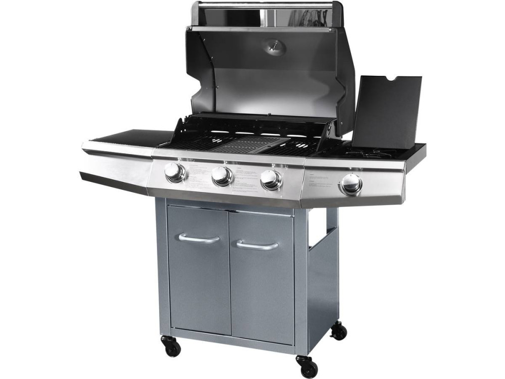 Grill gazowy "Bingo 4" - 4 palniki w tym 1 palnik boczny - 14 kW + Pokrowiec ochronny - Srebrny