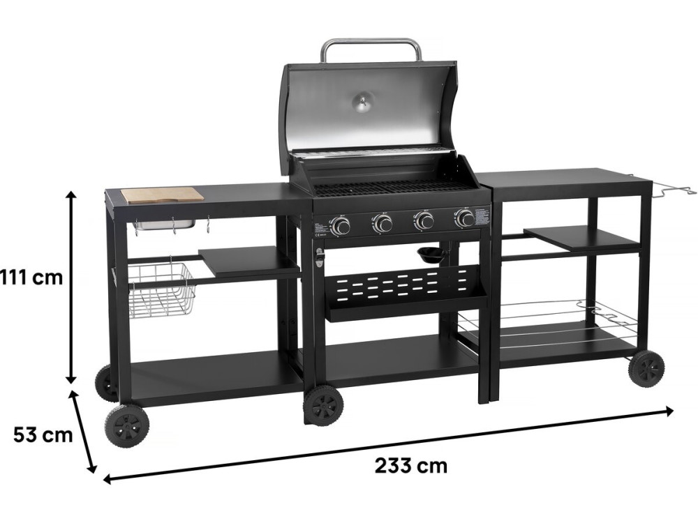 Grill gazowy do kuchni na zewnątrz - 12 kw - 4 palniki - Czarny