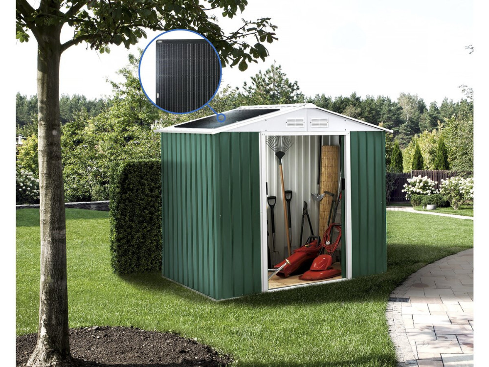 Domek ogrodowy metalowy "Rosas" 4,07 m² z panelami słonecznymi - Zielony