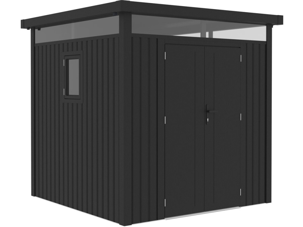Wysokiej jakości metalowa altana ogrodowa z płaskim dachem i drzwiami skrzydłowymi „Lexinton” – 5,29 m² – szara