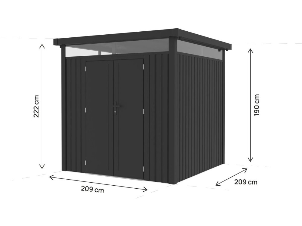 Wysokiej jakości metalowa altana ogrodowa z płaskim dachem i drzwiami skrzydłowymi „Lexinton” – 5,29 m² – szara