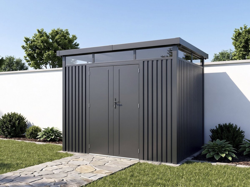Wysokiej jakości metalowa altana ogrodowa z płaskim dachem i drzwiami skrzydłowymi „Lexinton” – 6,76 m² – szara