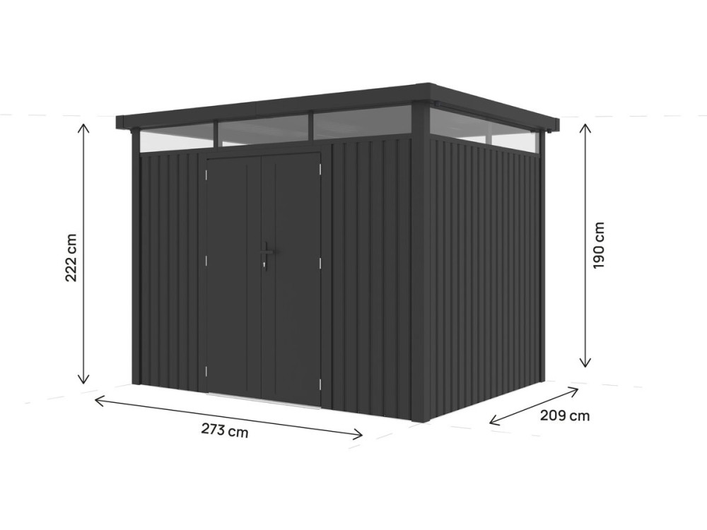 Wysokiej jakości metalowa altana ogrodowa z płaskim dachem i drzwiami skrzydłowymi „Lexinton” – 6,76 m² – szara