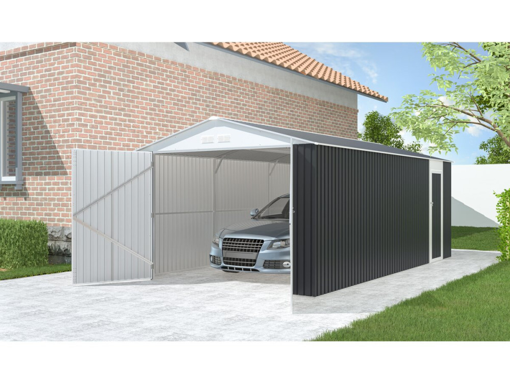 Garaż metalowy "Houston" - 15,36 m² z rynną - antracytowy