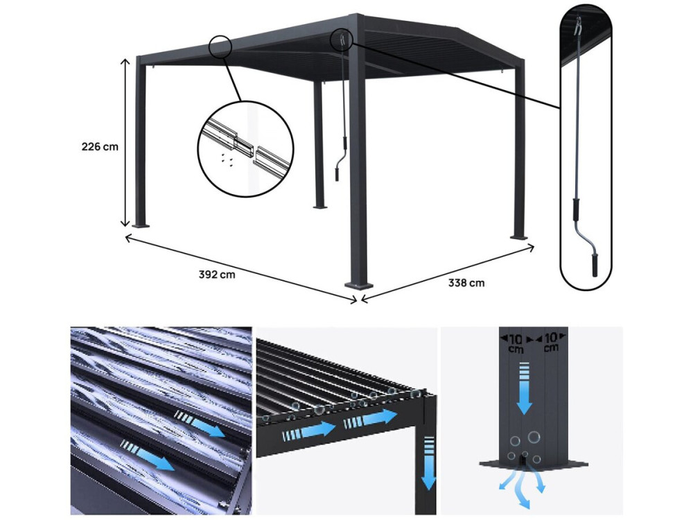 Bioklimatyczna pergola z 2-spadowym dachem "Victoria" z aluminium i metalu - 3,5 x 4 m - Szara