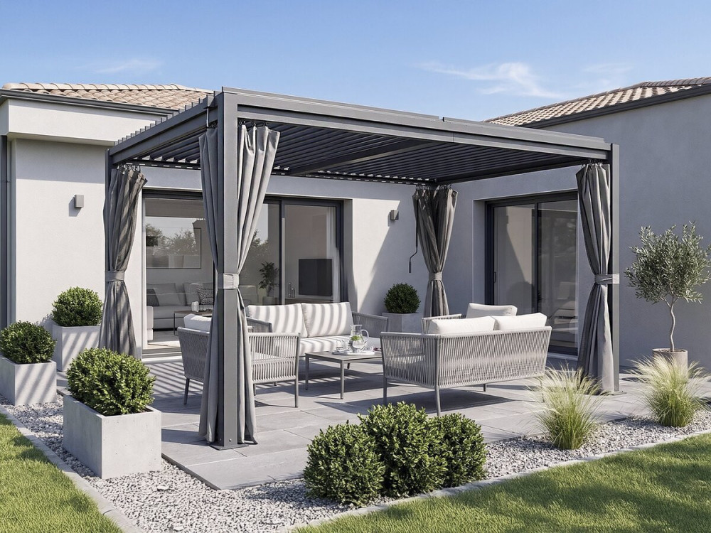 Pergola bioklimatyczna "Howard" z zasłoną i moskitierą - 3 x 4 m - Szary