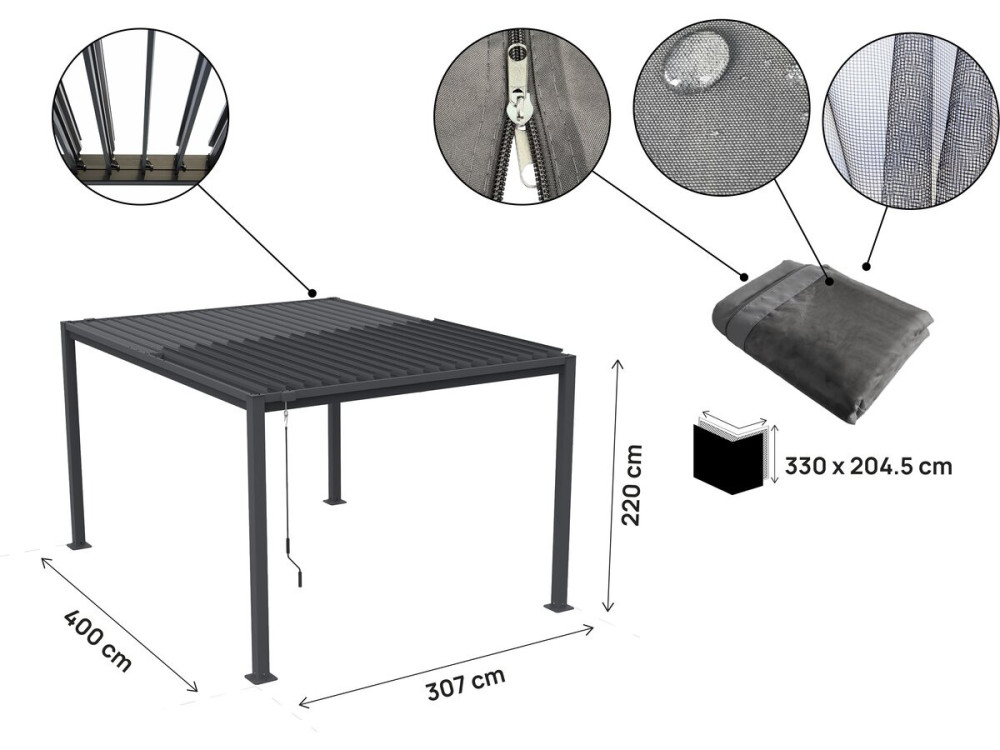 Pergola bioklimatyczna "Howard" z zasłoną i moskitierą - 3 x 4 m - Szary