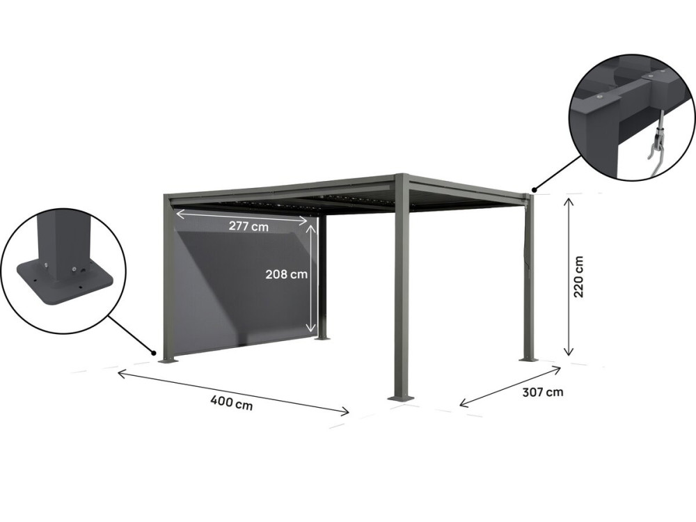 Pergola bioklimatyczna "Howard" z markizą ze stali ocynkowanej - 3 x 4 m - Szara