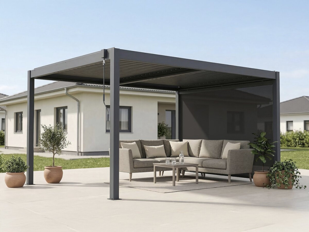 Pergola bioklimatyczna "Windsor premium" z oświetleniem i aluminiową markizą - 3 x 4 m - Szary