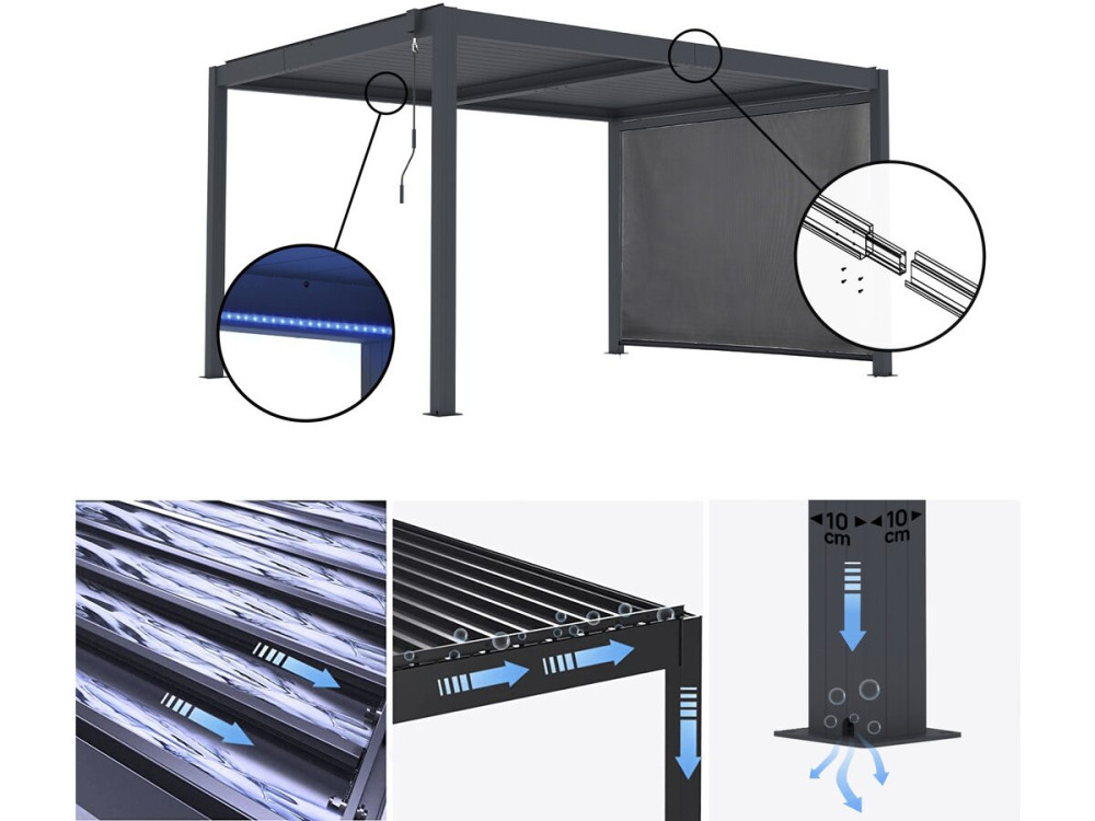 Pergola bioklimatyczna "Windsor premium" z oświetleniem i aluminiową markizą - 3 x 4 m - Szary