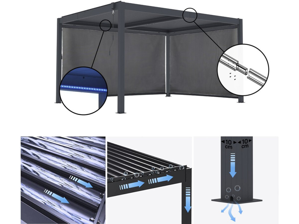 Pergola bioklimatyczna "Windsor premium" z oświetleniem i 2 aluminiowymi żaluzjami - 3 x 4 m - Szary