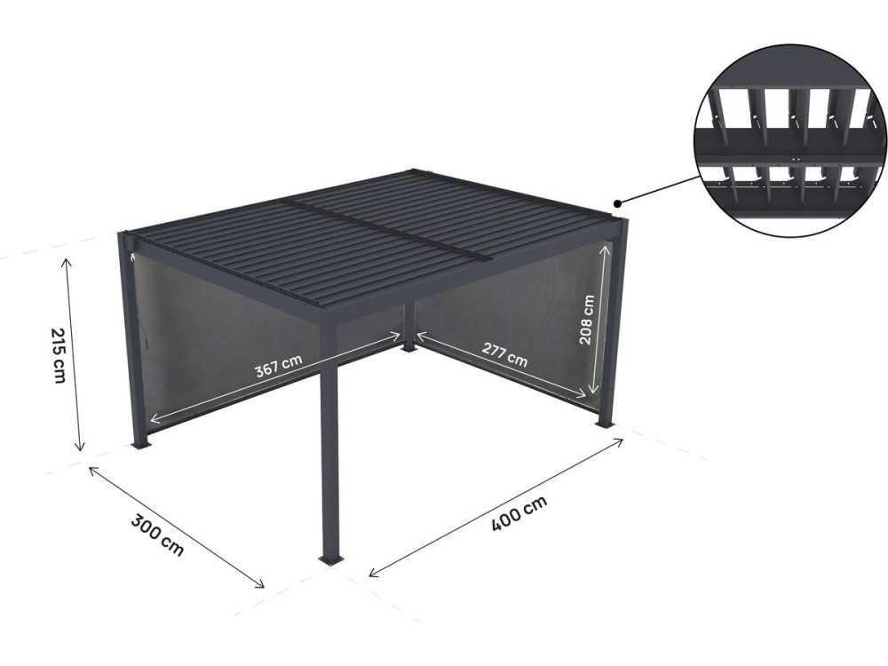Pergola bioklimatyczna "Windsor premium" z oświetleniem i 2 aluminiowymi żaluzjami - 3 x 4 m - Szary