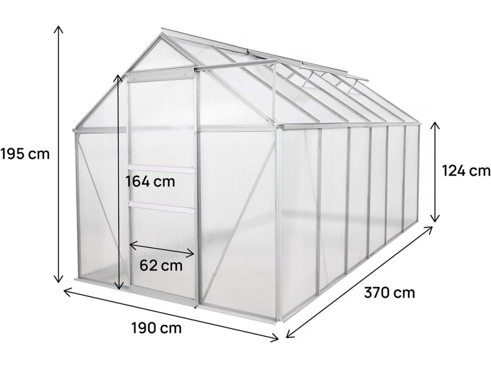Szklarnia ogrodowa z poliwęglanu 370 x 190 x 195 cm "Basilic" - 7,03 m² - Szary