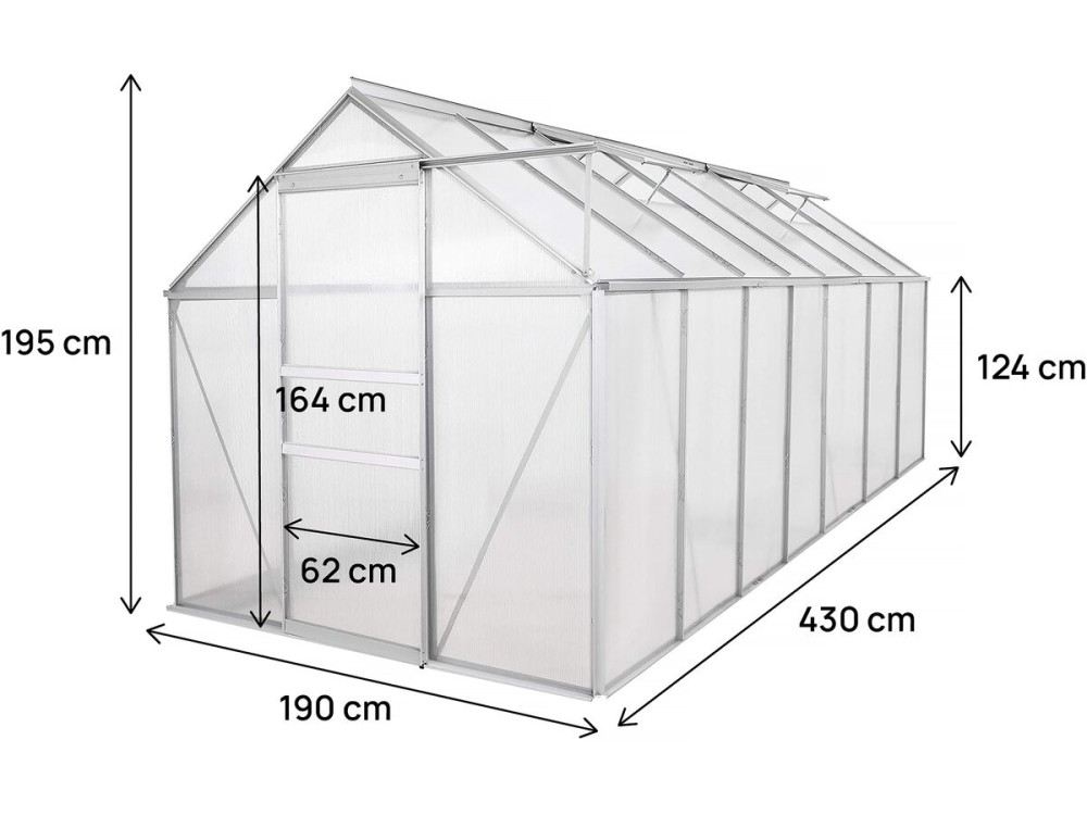 Szklarnia ogrodowa z poliwęglanu 430 x 190 x 195 cm "Basilic" - 8,17 m² - Szary