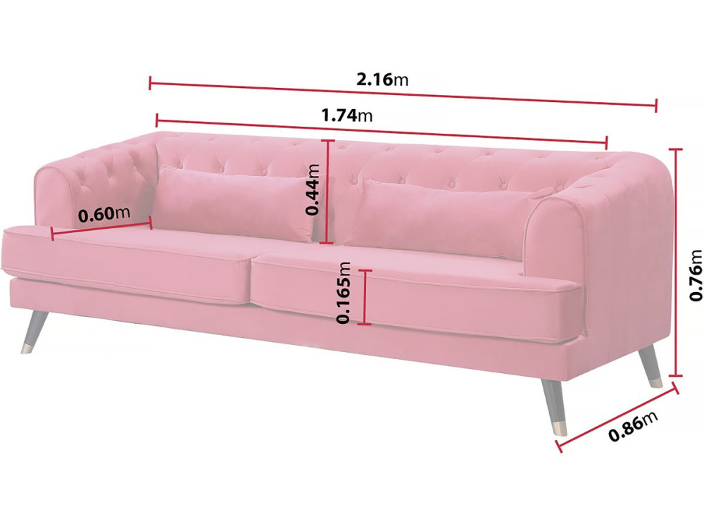 Naprawiono aksamitna sofe „Gloria” - 216 x 86 x 76 cm - 3 miejsca - Czerwona