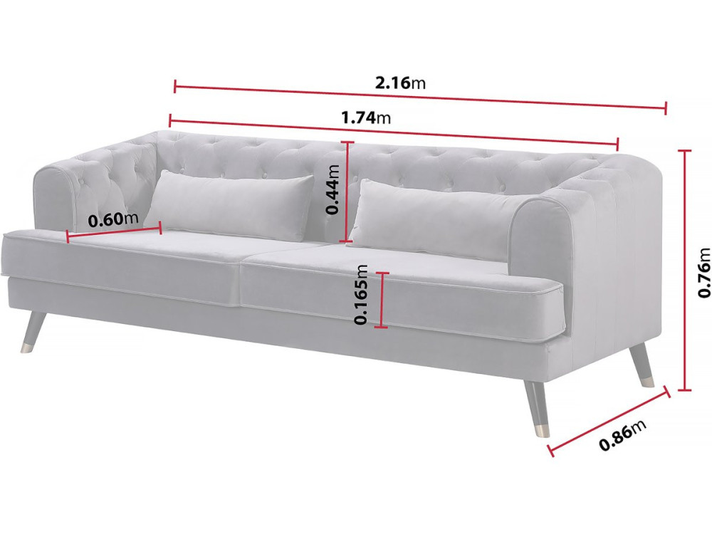 Naprawiono aksamitna sofe „Gloria” - 216 x 86 x 76 cm - 3 miejsca - Szary