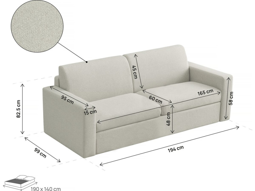 Sofa rozkładana "Diana" z tkaniny ekspresowej - 140 cm spania - 3-osobowa - Beżowa