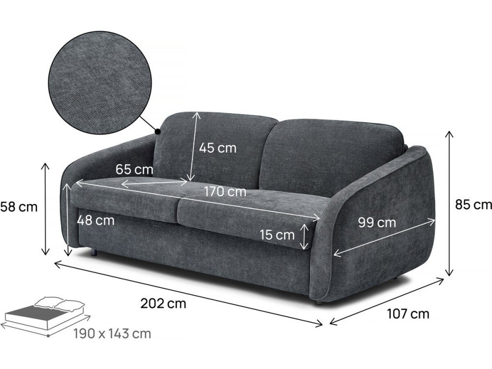 Sofa rozkładana "Laurie" express w tkaninie teksturowanej - łóżko 140 cm - 3 miejsca - szara