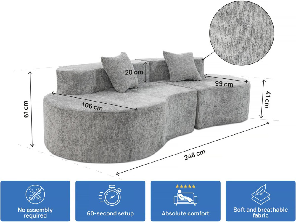 Sofa "Avola" w kształcie przecinka z tkaniny teksturowanej - 3-osobowa - szara