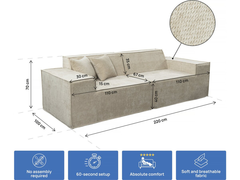 Modułowa sofa prosta w tkaninie "Lusso" o fakturze, 3-osobowa, beżowa