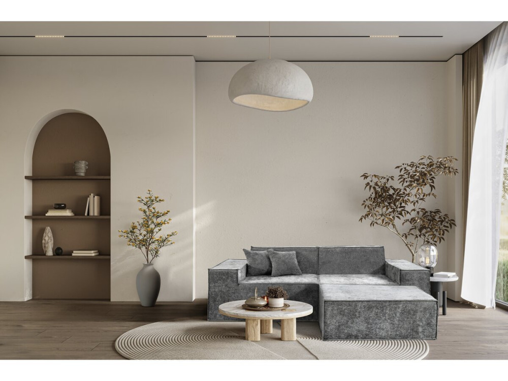 Modułowa sofa prosta z pufem w tkaninie "Lusso" o fakturze - 3-osobowa - szara