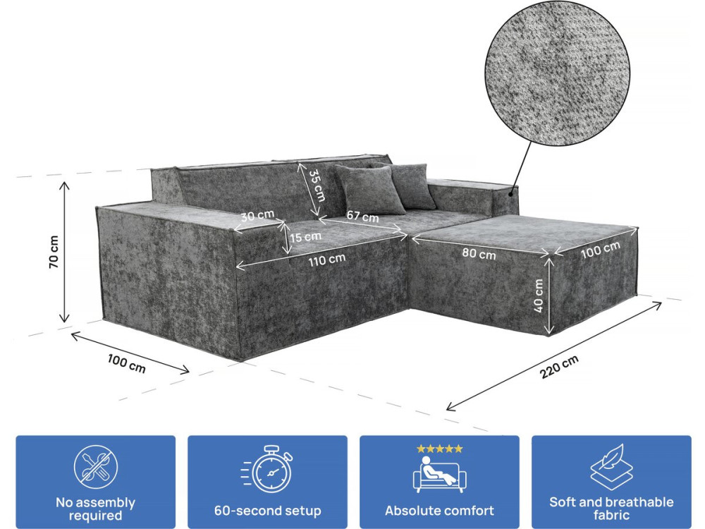 Modułowa sofa prosta z pufem w tkaninie "Lusso" o fakturze - 3-osobowa - szara