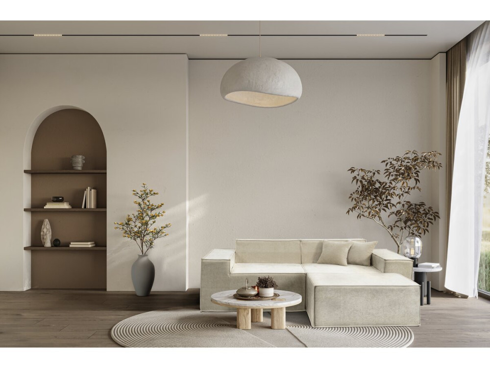 Modułowa sofa prosta z pufem w tkaninie "Lusso" o fakturze - 3-osobowa - beżowa