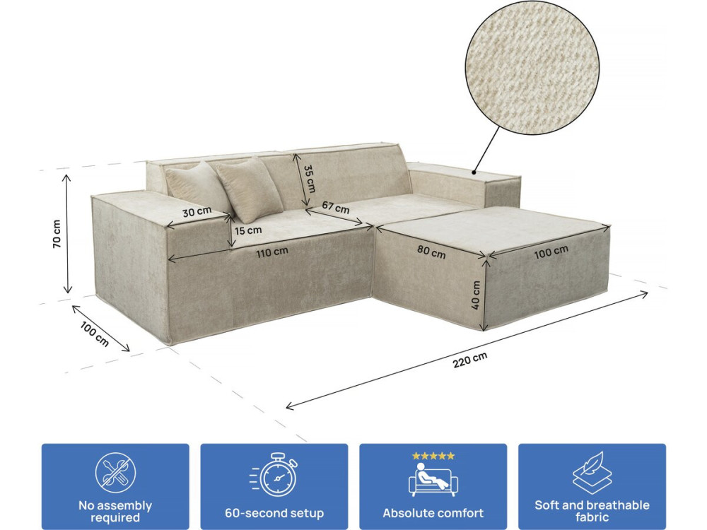 Modułowa sofa prosta z pufem w tkaninie "Lusso" o fakturze - 3-osobowa - beżowa