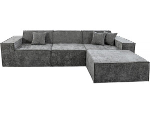 Modułowa sofa prosta z pufem w tkaninie "Lusso" o fakturze - 4-osobowa - szara