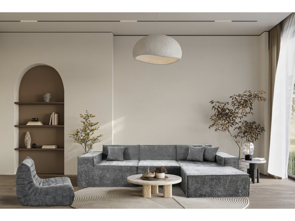 Modułowa sofa prosta z pufem w tkaninie "Lusso" o fakturze - 4-osobowa - szara
