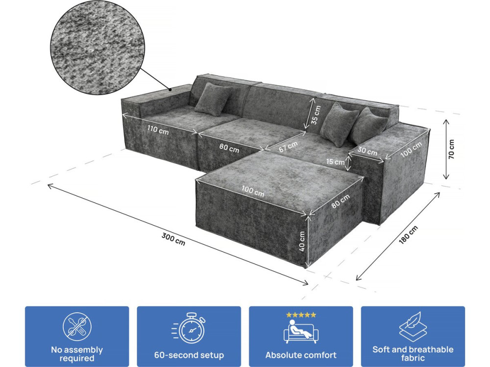 Modułowa sofa prosta z pufem w tkaninie "Lusso" o fakturze - 4-osobowa - szara