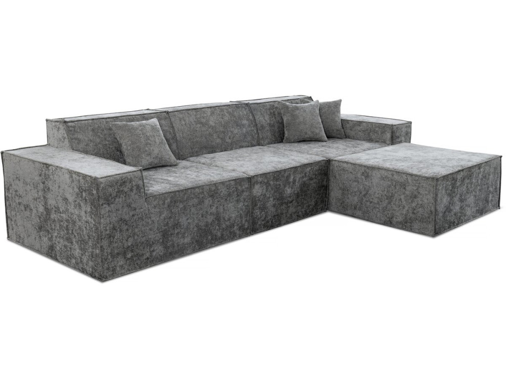 Modułowa sofa prosta z pufem w tkaninie "Lusso" o fakturze - 4-osobowa - szara