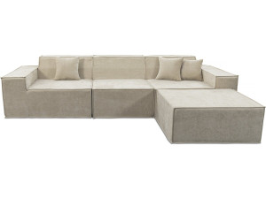 Modułowa sofa prosta z pufem w tkaninie "Lusso" o fakturze - 4-osobowa - beżowa