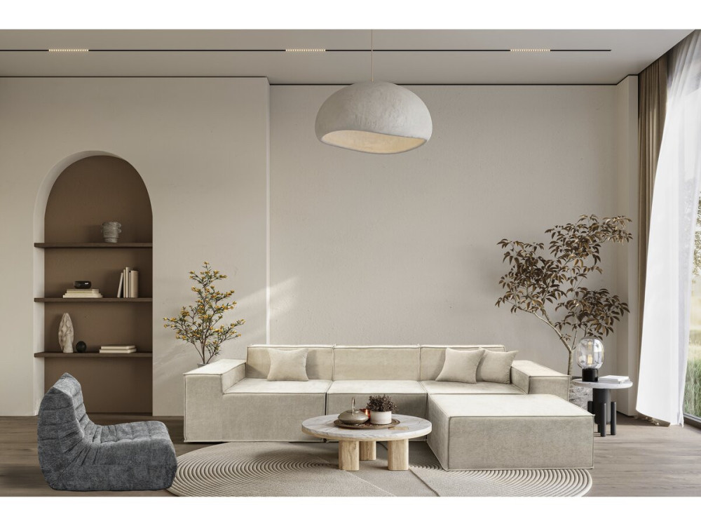 Modułowa sofa prosta z pufem w tkaninie "Lusso" o fakturze - 4-osobowa - beżowa