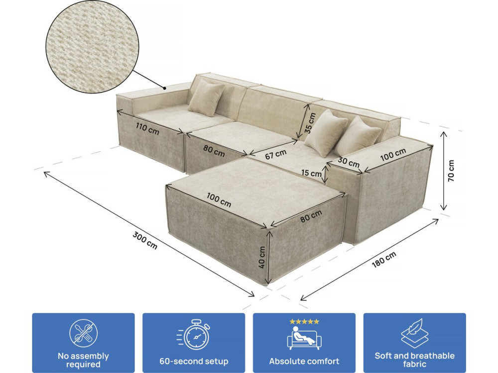 Modułowa sofa prosta z pufem w tkaninie "Lusso" o fakturze - 4-osobowa - beżowa