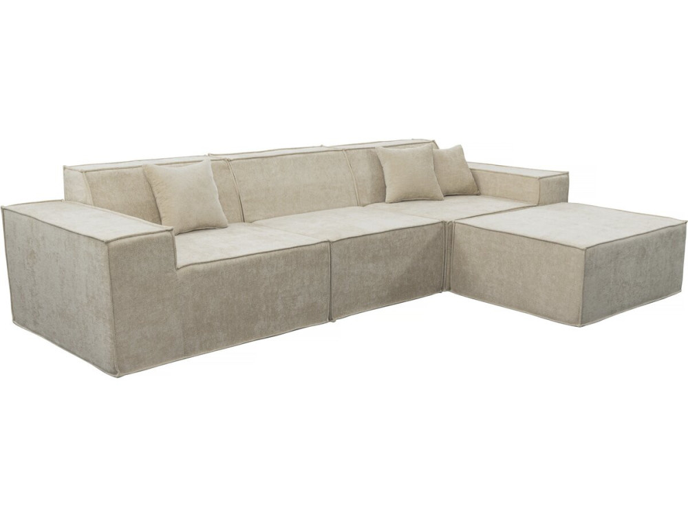 Modułowa sofa prosta z pufem w tkaninie "Lusso" o fakturze - 4-osobowa - beżowa