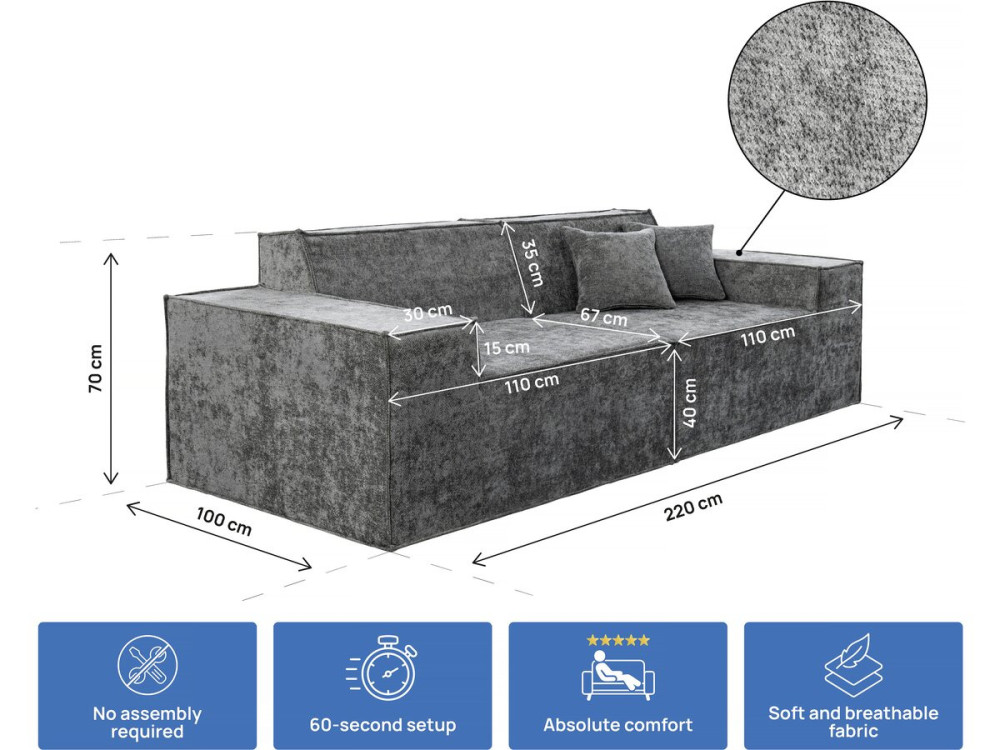 Modułowa sofa prosta w tkaninie "Lusso" o fakturze - 3-osobowa - szara